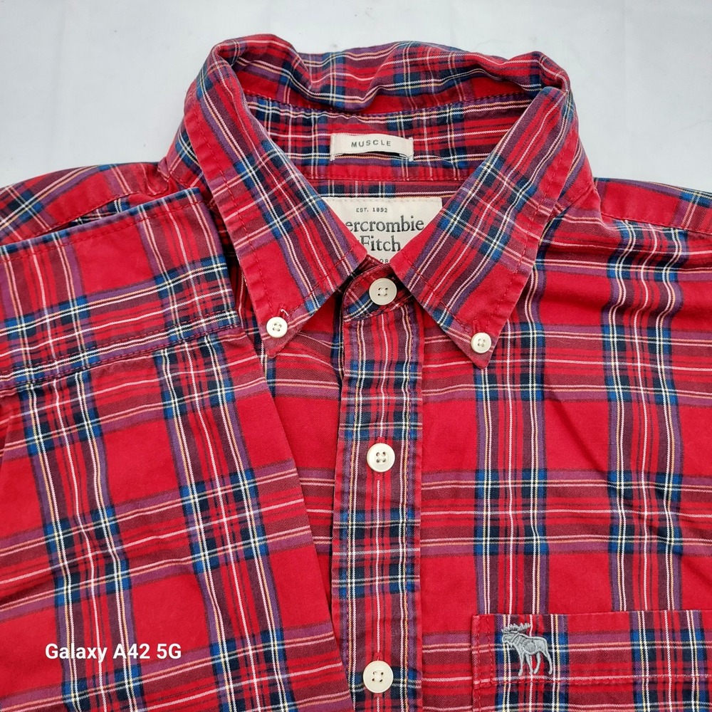 Abercrombie Fitch Red‎ Plaid Button Down Shirt Mens Muscle Fit Size L